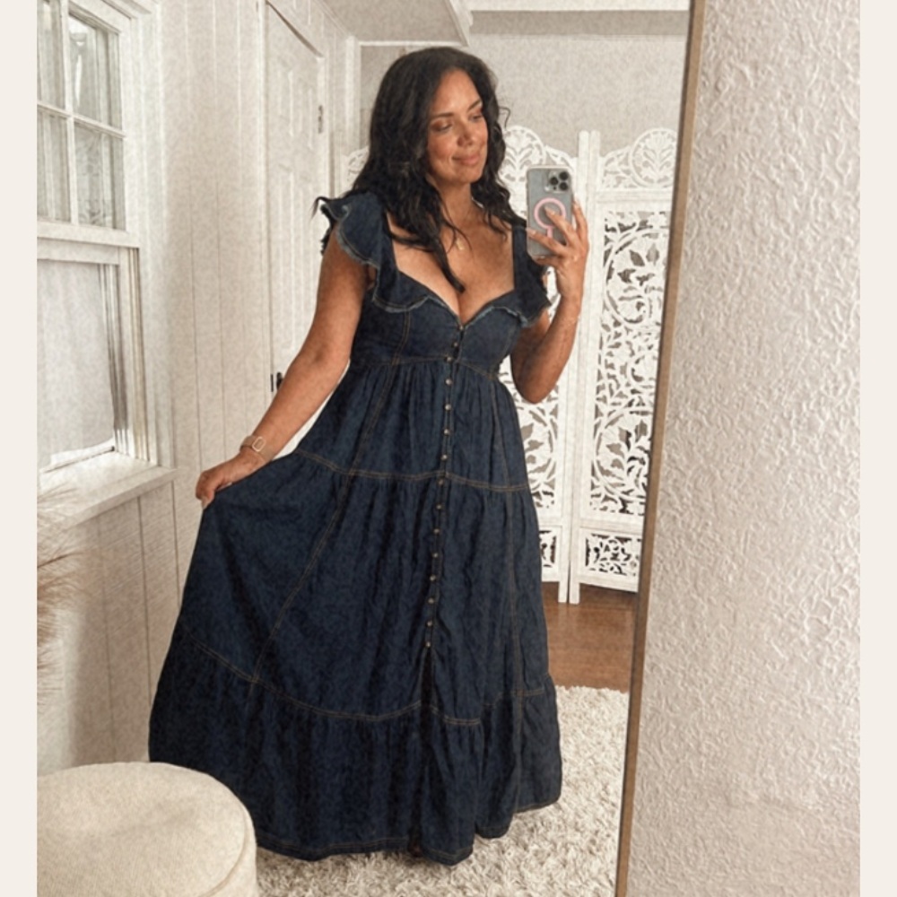 Anthropologie 1X Pilcro Sweetheart Flutter Sleeve Maxi Denim Dress EUC - Picture 4 of 15